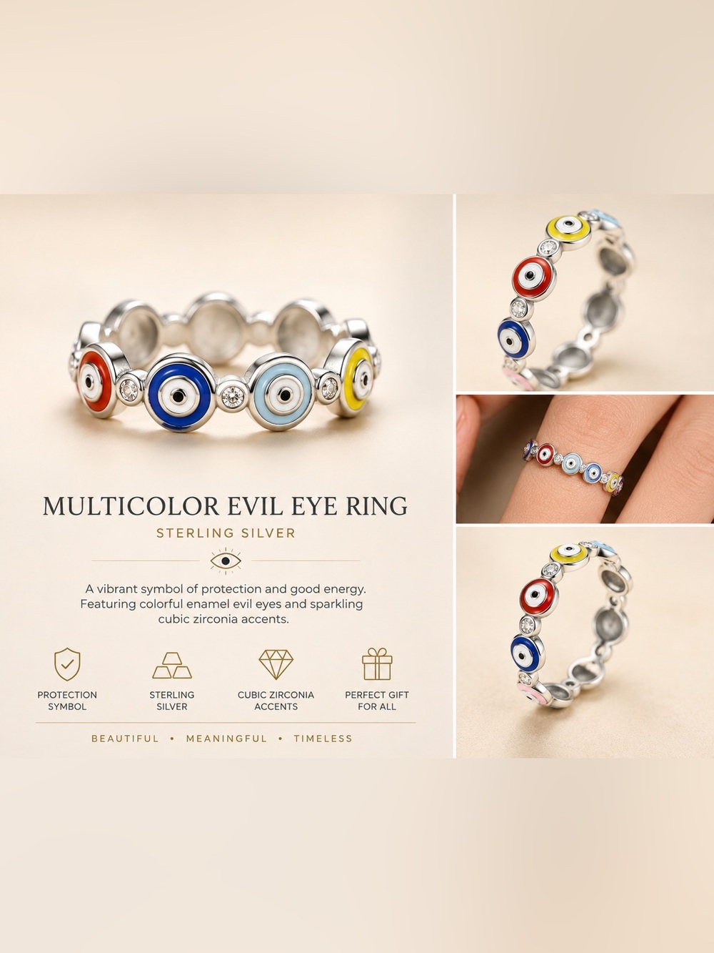 Sterling Silver Multicolor Evil Eye Ring - Protection Symbol